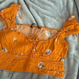 Zara Orange Crop Blouse with Tie Front